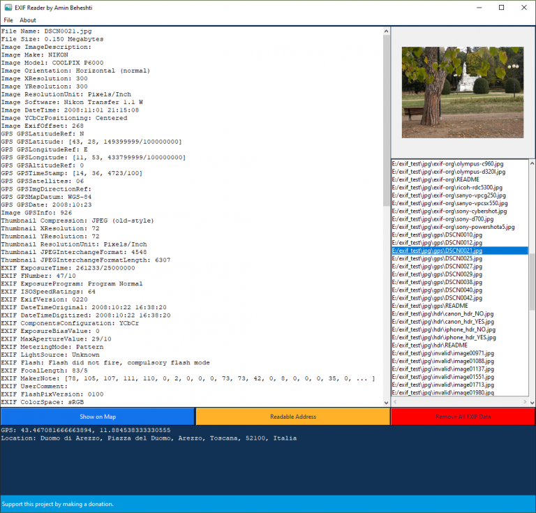EXIF Reader Screenshot - Previewing metadata of a digital photograph